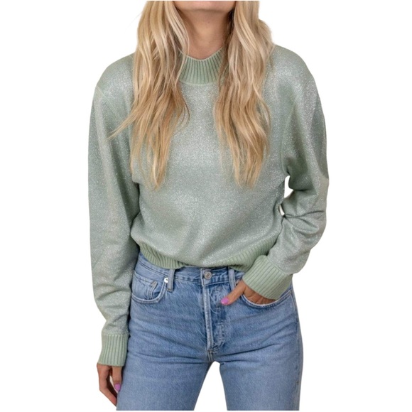 FREE PEOPLE Starry Night Sweatshirt Metallic Mint Green Knit Mock Neck Small New - Picture 2 of 6
